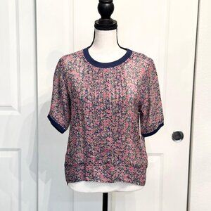 New Anthropologie One Fine Day Floral Sheer Pleated Short Sleeve Blouse Top, XS